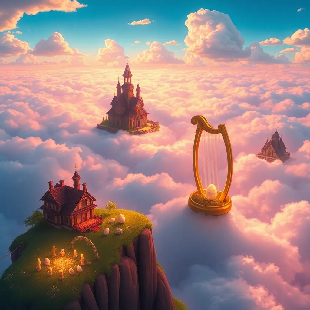A vast land above the clouds, with giant houses and treasures sparkling, like a golden harp and eggs, vibrant colors, fantastical scene, illustration style, detailed