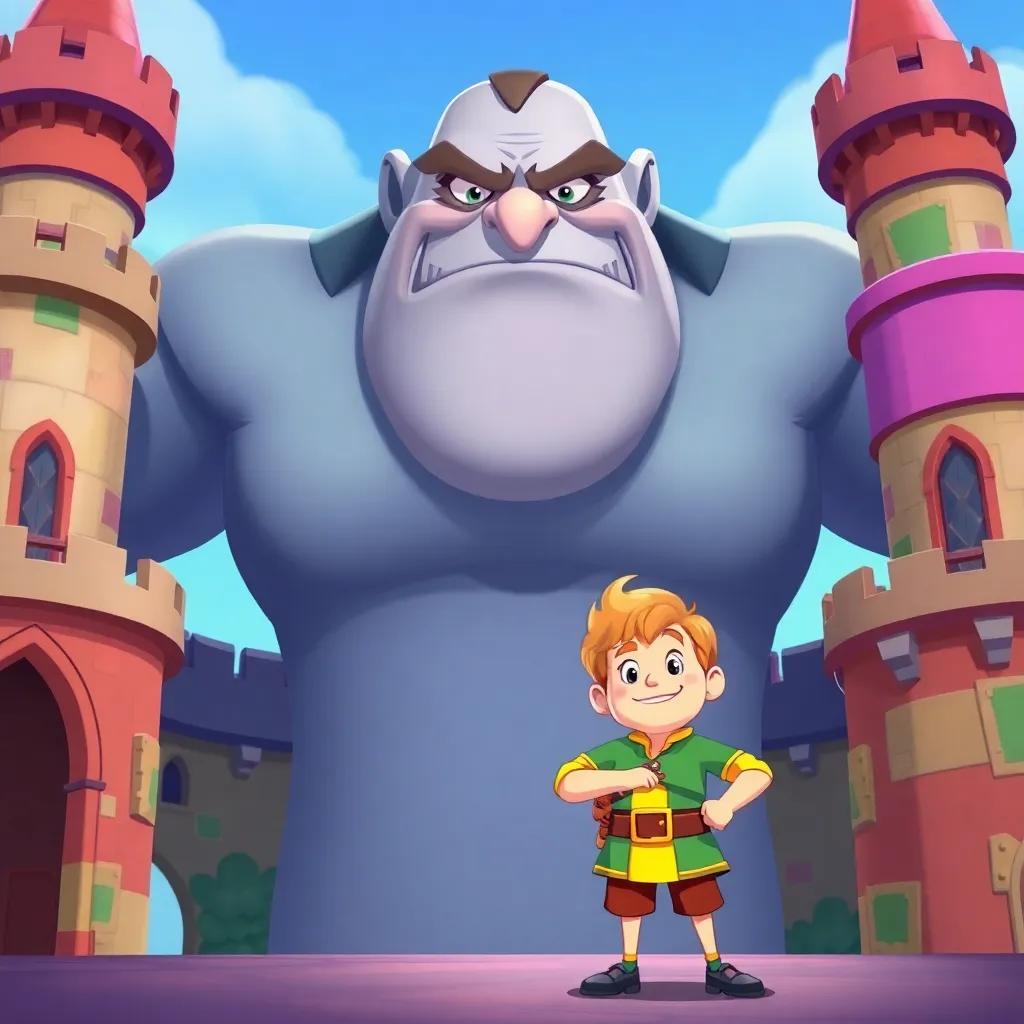 A giant with a frown, standing in a colorful castle, towering over Jack who stands bravely with a confident smile, playful yet threatening vibe, cartoonish style, bright colors