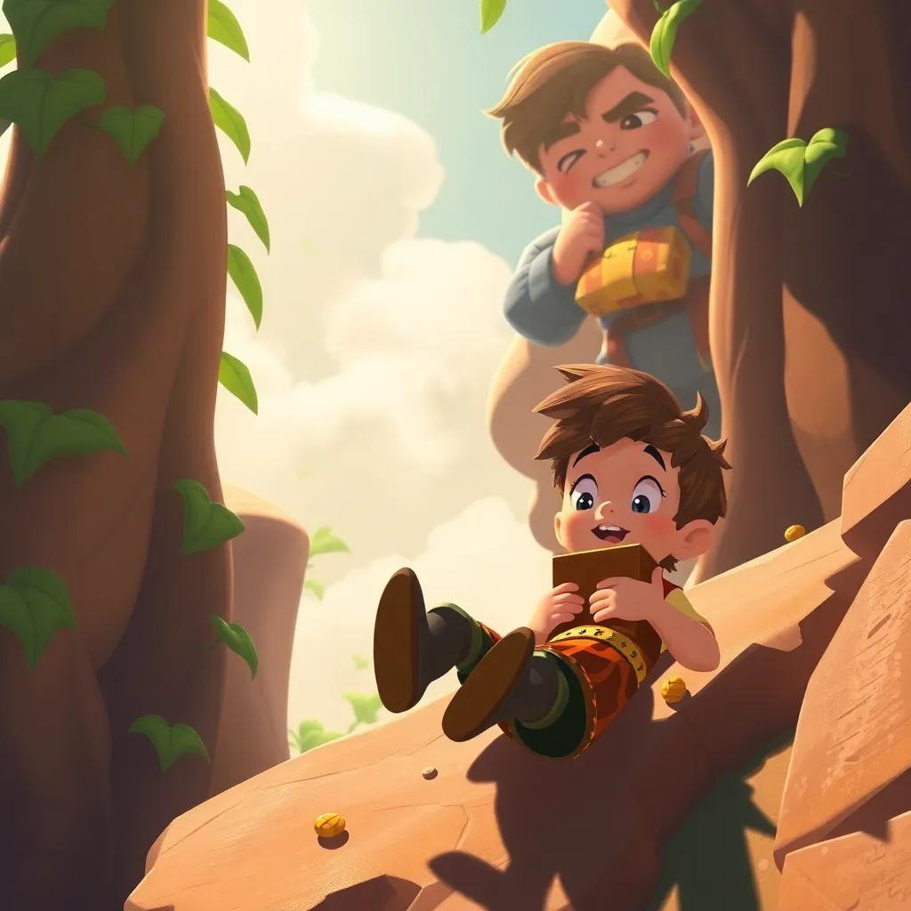 Jack sliding down the beanstalk with treasures in his arms, the giant in the background looking confused, sunny day, warm colors, magical atmosphere, digital painting