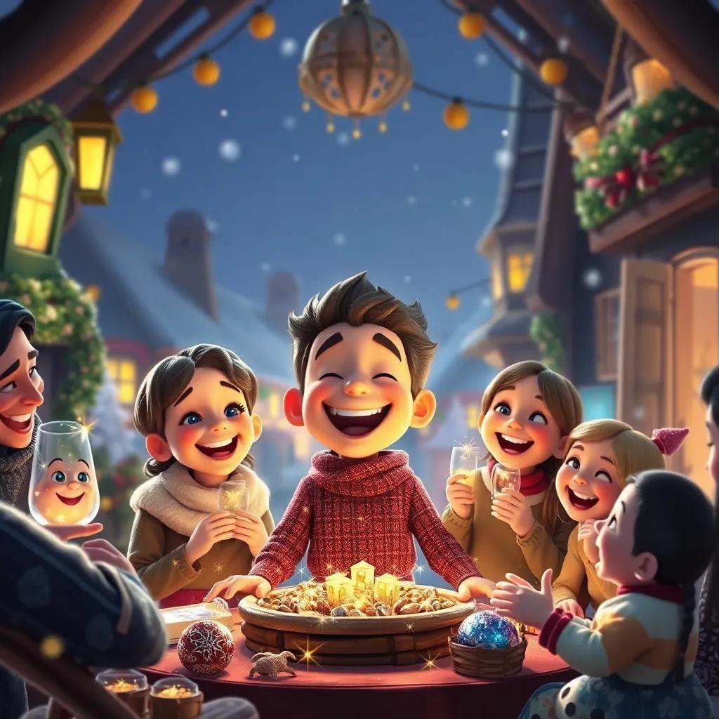 Jack celebrating with his family and friends, surrounded by sparkly treasures in a cozy village setting, laughter and joy all around, warm lighting, expressive scene, enchanting art
