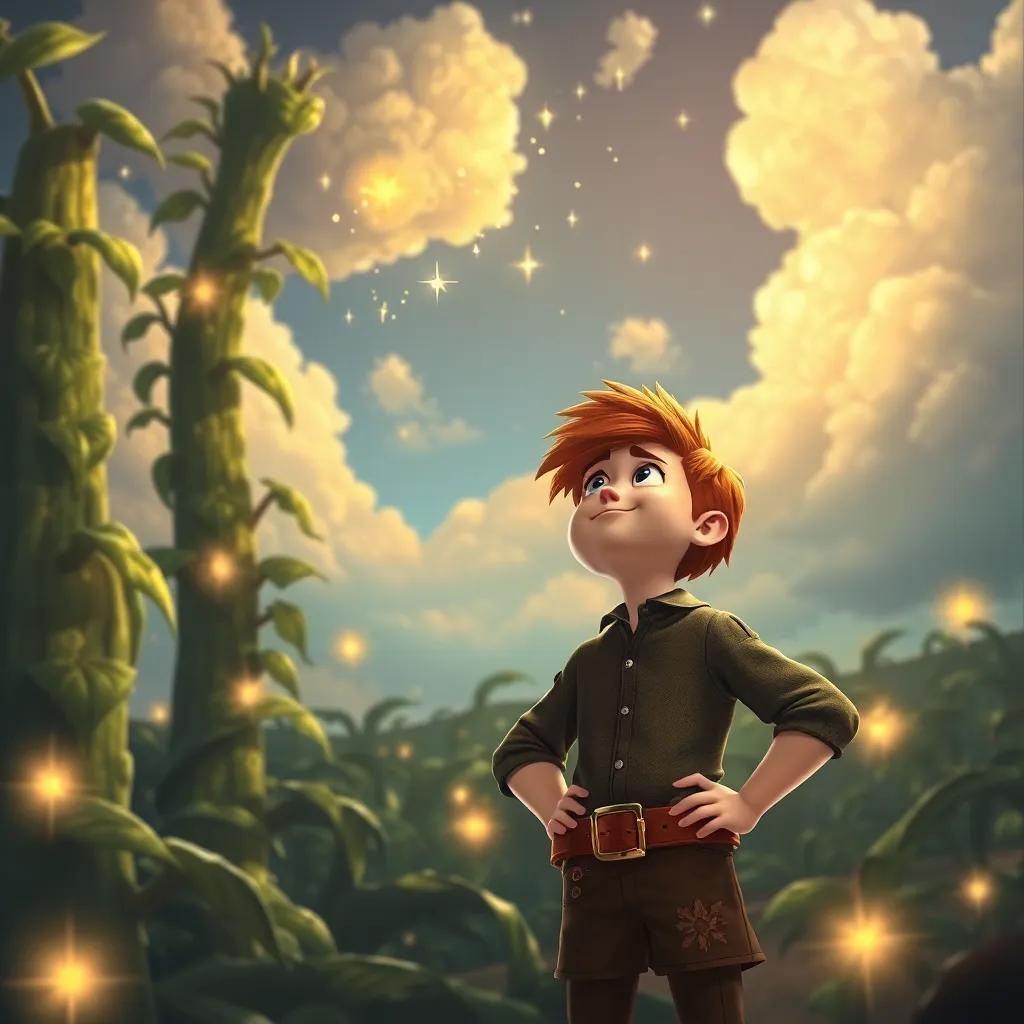 Jack standing proudly, with a twinkle in his eyes, gazing up at the clouds where the beanstalk reaches, glowing stars around him, reflection of adventure and dreams, fantasy style, detailed
