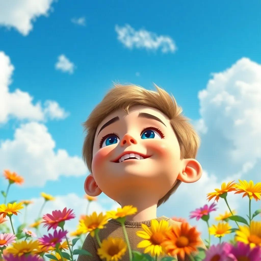A cheerful boy, Jack, with bright blue eyes, looking up at fluffy clouds in a blue sky, colorful flowers around him, sunny day, cheerful atmosphere, digital art, vibrant colors, high quality