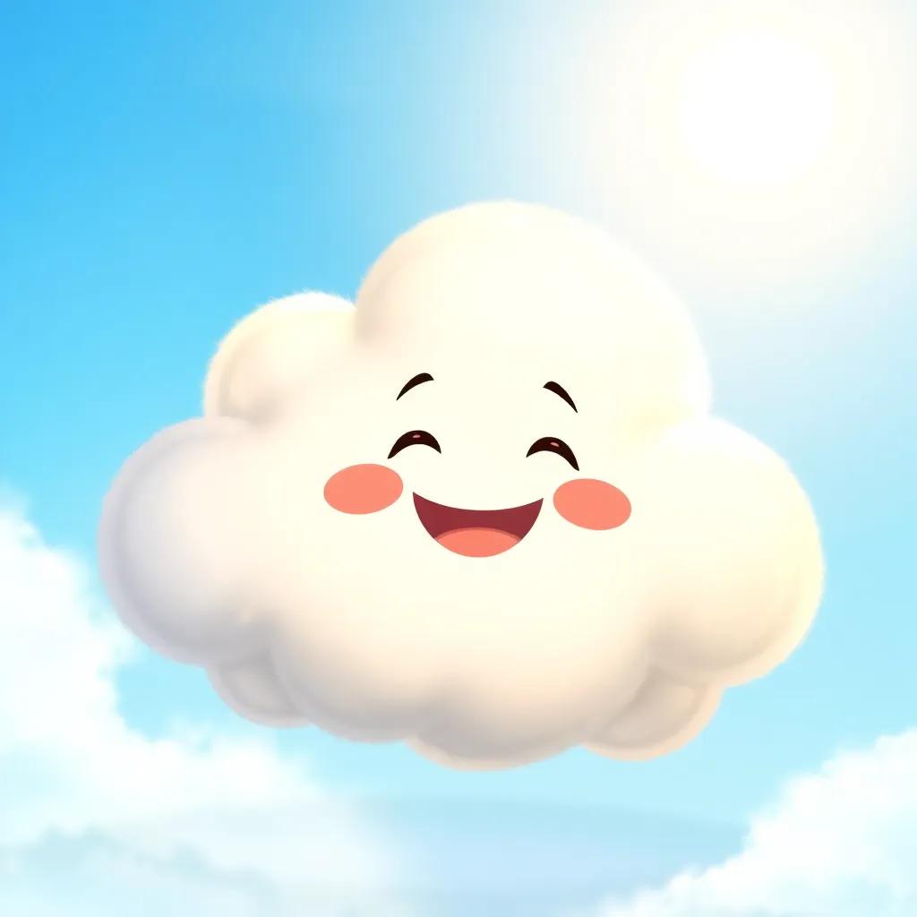 A cozy, fluffy little cloud with a smiling face, inviting Jack to hop on, with a background of a blue sky and shining sun, joyful atmosphere, illustration, cheerful and bright colors, high quality