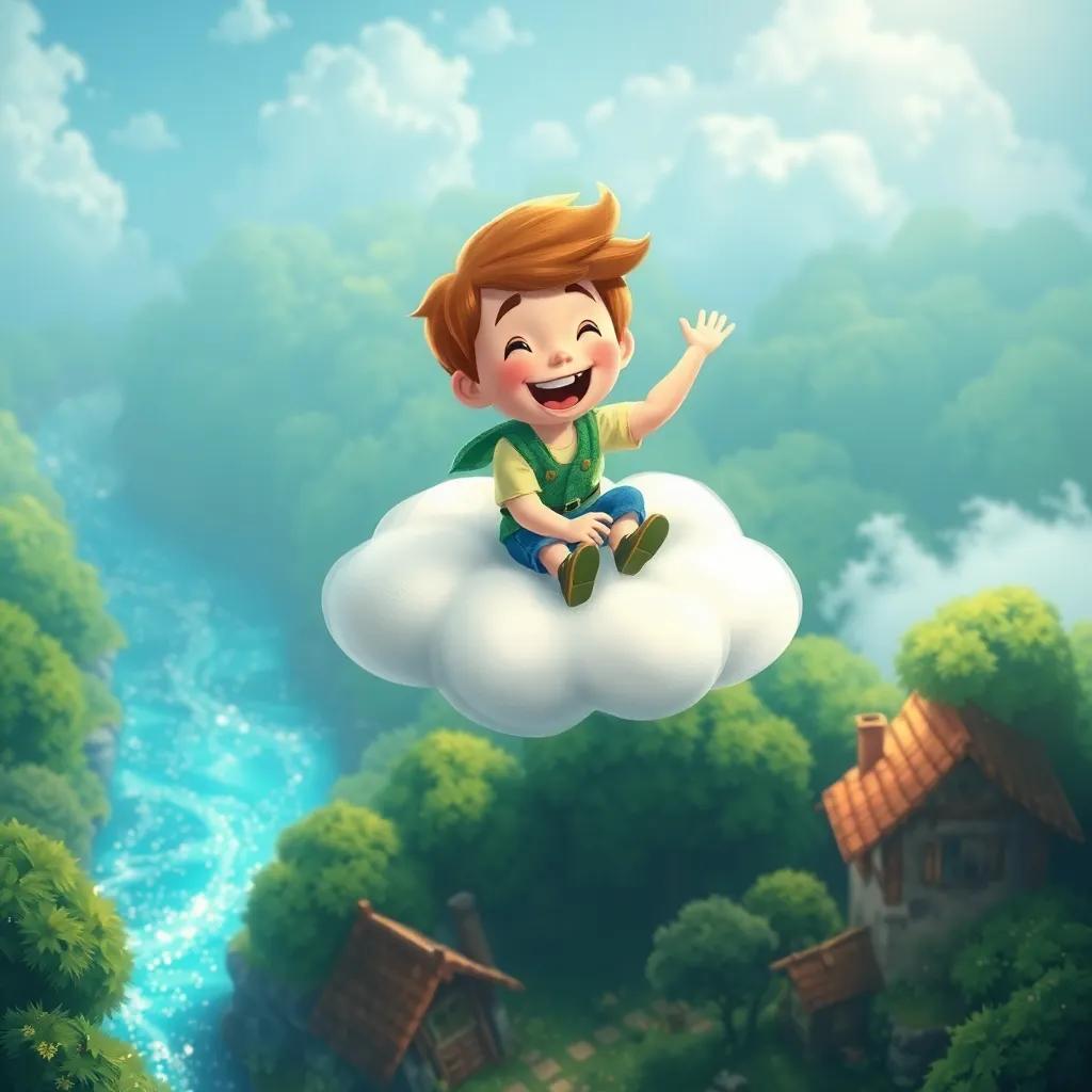 Jack riding on the little cloud, flying above green trees and his little house, joyful expression on his face, with a sparkling river in the background, magical adventure, digital painting, colorful, high quality