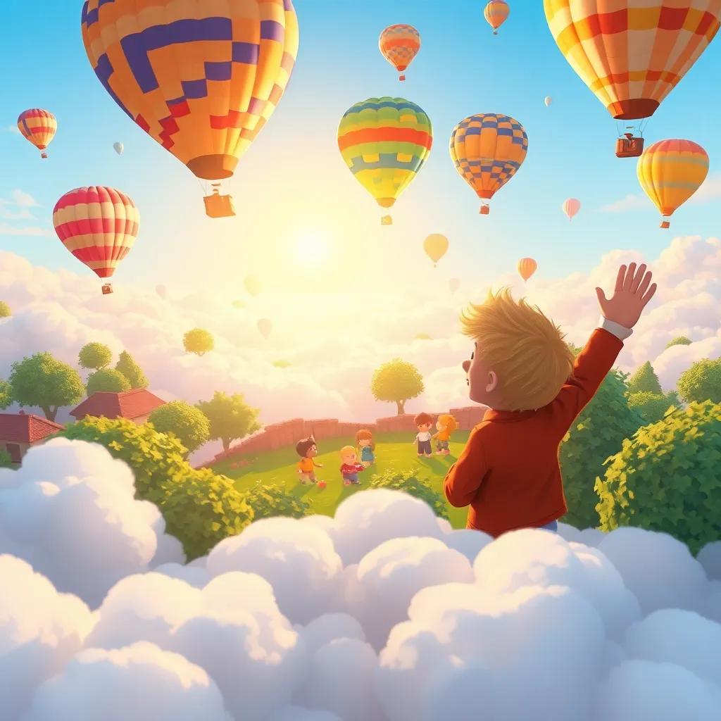 Jack waving to tiny friends playing in the yard, from a high viewpoint above fluffy clouds, surrounded by colorful hot air balloons, feeling happy and free, illustration, joyful, child-friendly, high quality