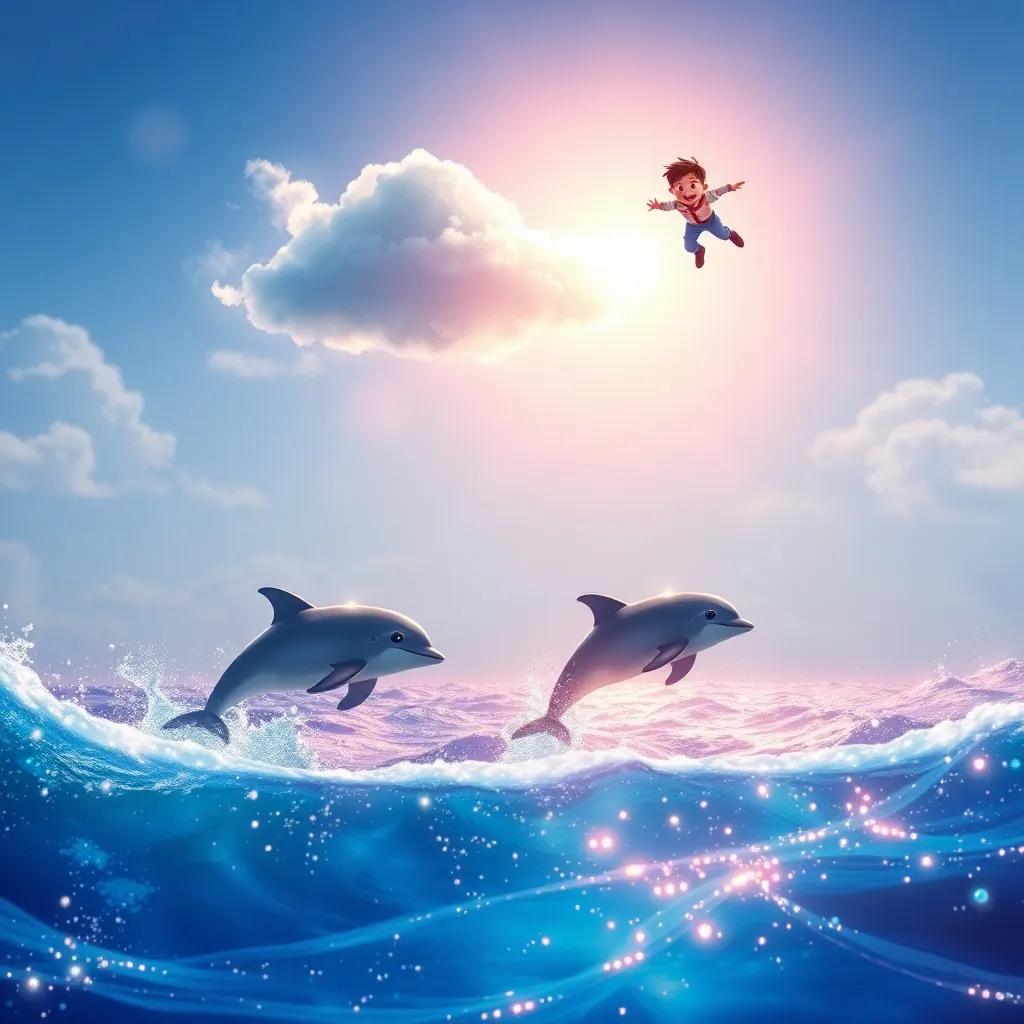 A sparkling sea below, with shimmering waves and playful dolphins jumping, Jack and the little cloud flying above, feeling excitement and joy, colorful, fantastical, digital art, high quality