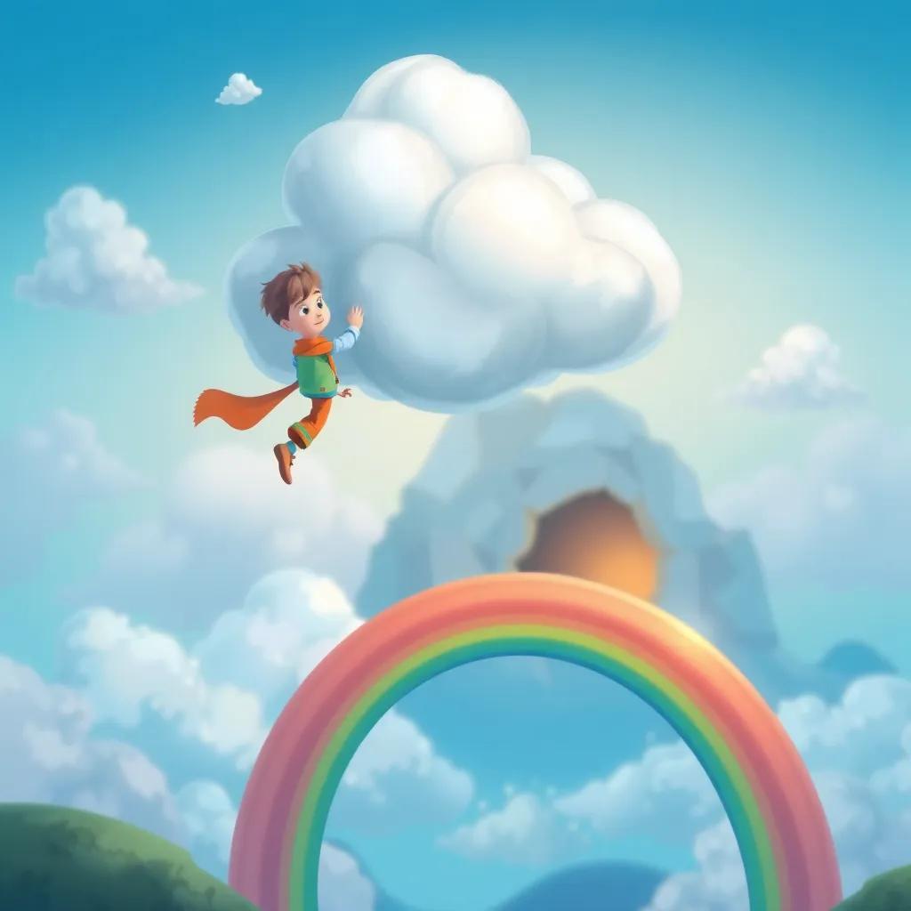 A swirling little cloud taking Jack on an exciting adventure, flying over a rainbow with vibrant colors, heading towards a mysterious cave, magical atmosphere, illustration, high quality