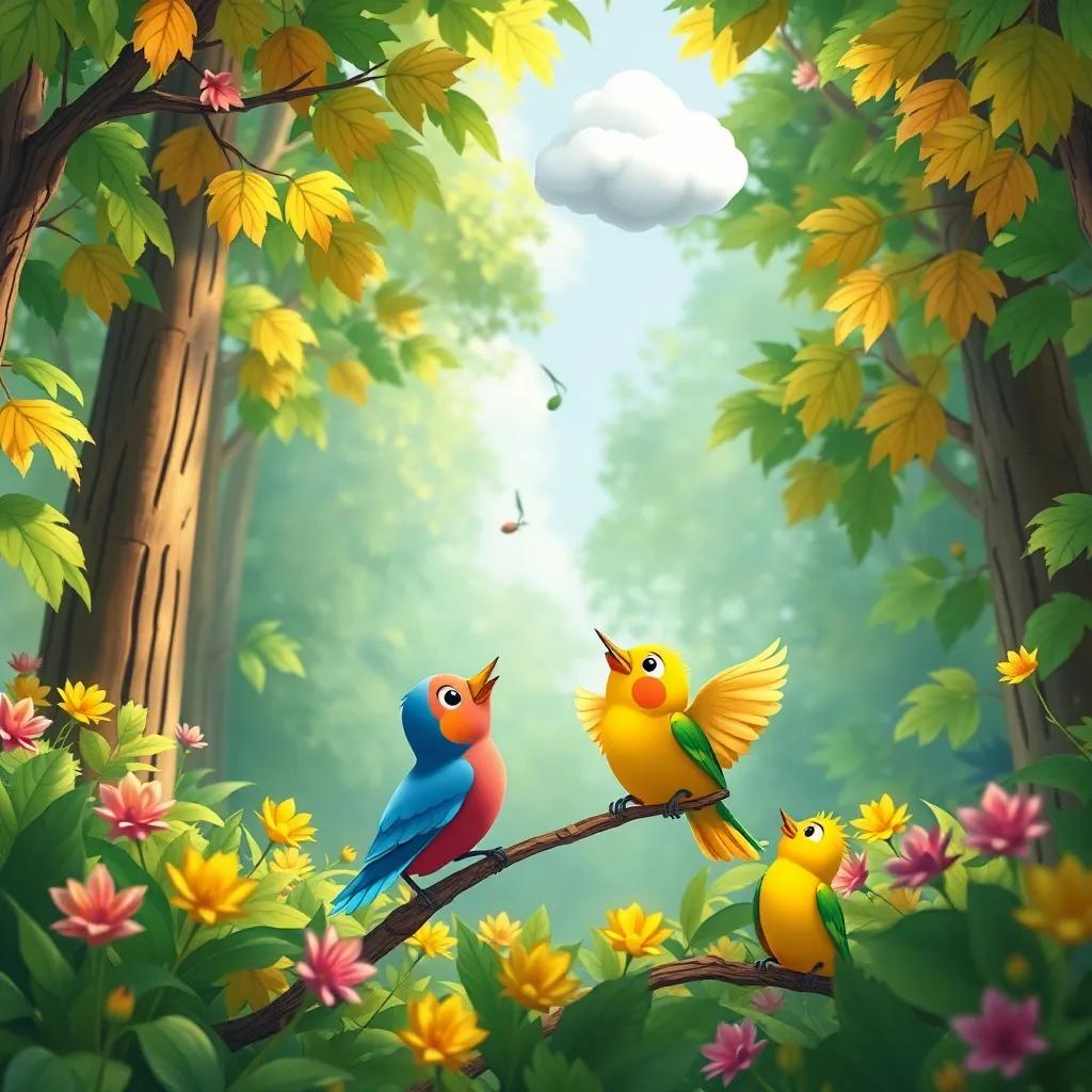 Colorful birds singing in a lush forest, Jack and the little cloud arriving above, listening to melodies and feeling the joy, bright and cheerful, child-friendly, digital art, high quality
