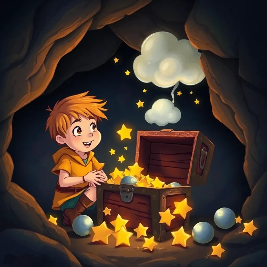 Jack and the little cloud inside the cave, finding a treasure chest filled with golden stars and silver moons, awe and wonder on Jack's face, enchanting atmosphere, illustration, magical, high quality