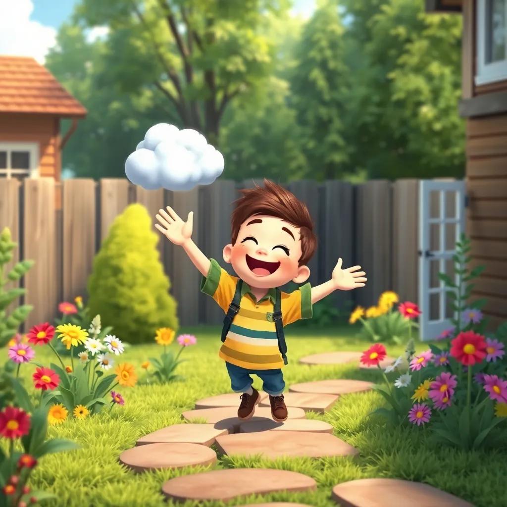 Jack joyfully landing in his backyard after the adventure, waving goodbye to the little cloud, with colorful flowers around him and a happy expression, cheerful and heartwarming, digital art, high quality