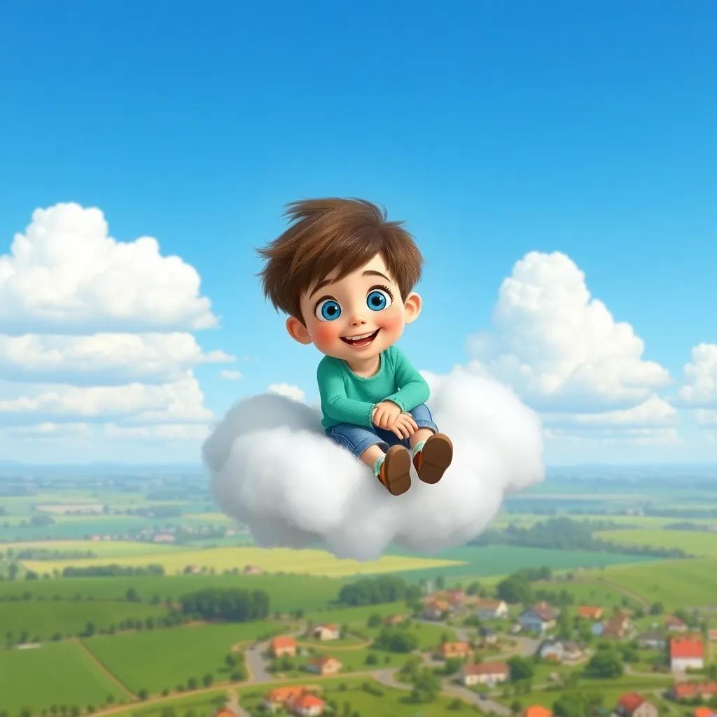 Jack, a little boy with bright blue eyes and messy brown hair, sitting on a cotton candy-like cloud floating in the blue sky, with green fields and houses below, joyful and adventurous, bright colors, whimsical view, high quality