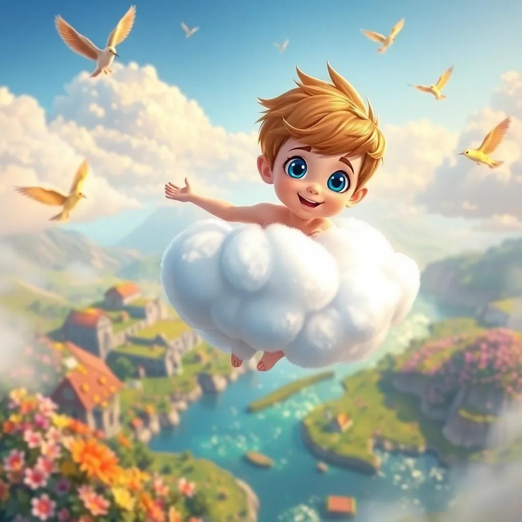 Jack, a little boy with bright blue eyes on a fluffy cloud, soaring above the land with sparkling rivers and colorful flowers, happy birds flying around, vibrant and dreamy, bright colors, playful atmosphere, high quality