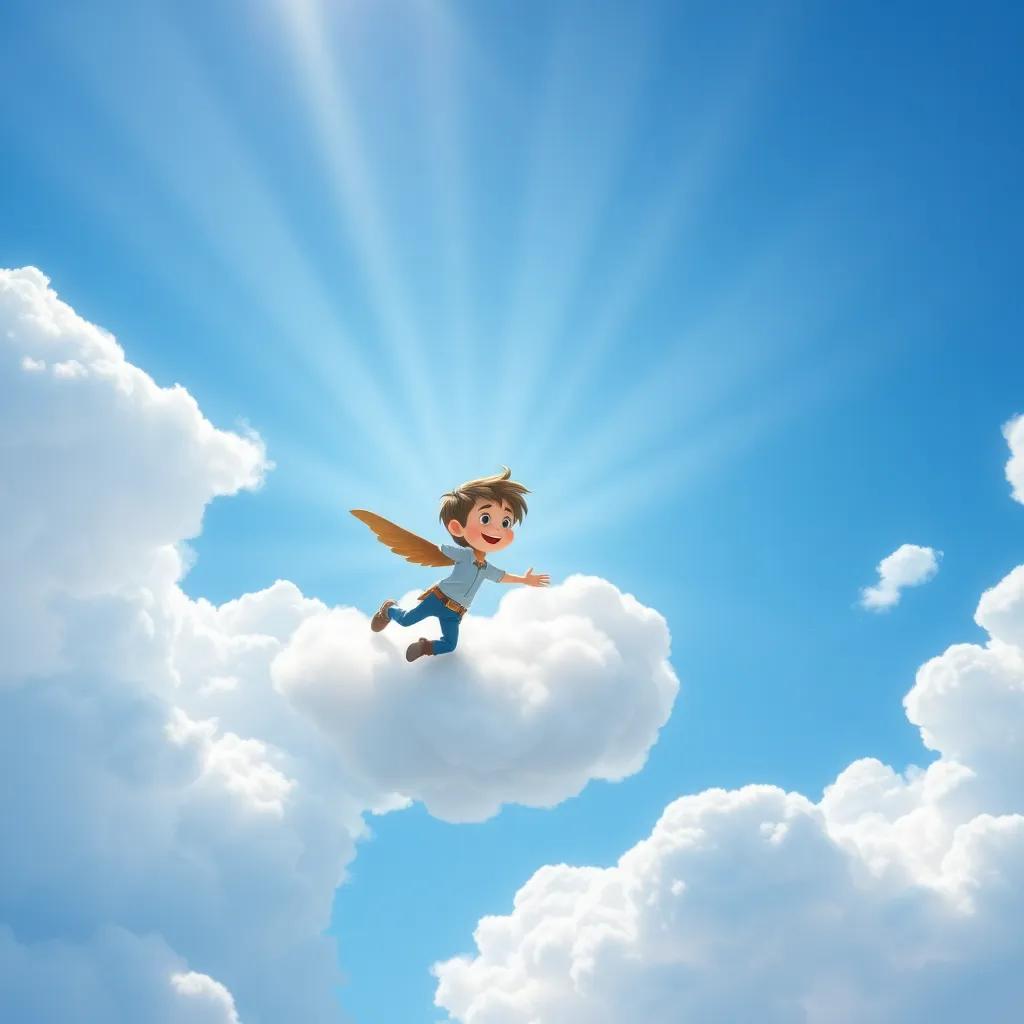 Jack and the little cloud swirling together in the sky, surrounded by bright blue sky and fluffy white clouds, with rays of sunshine pouring through, magical and joyful scene, enchanting colors, light and airy feel, high quality