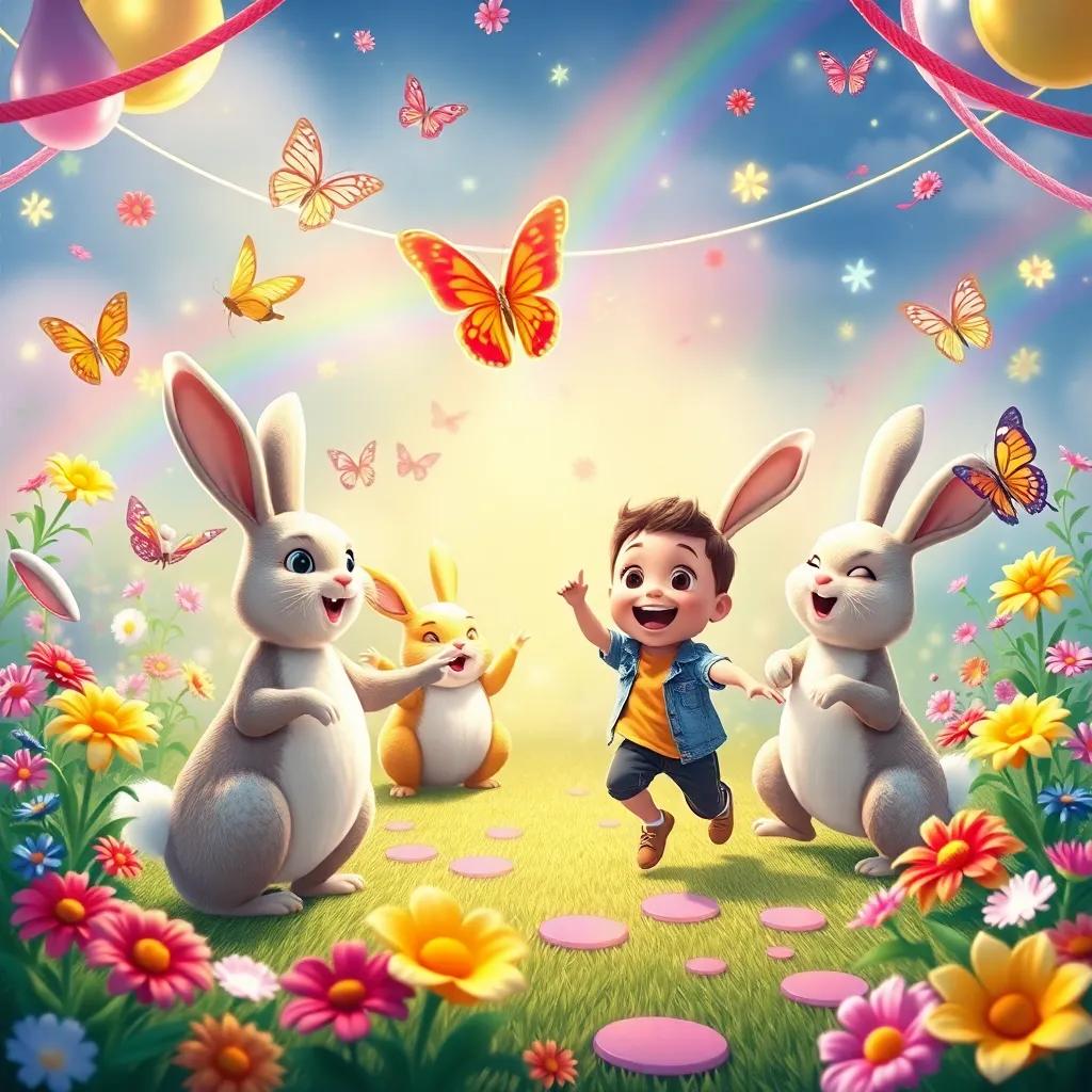 A magical party scene with bouncing rabbits and dancing butterflies, Jack joining in joyfully, colorful flowers and rainbows around, bright colors, festive atmosphere, fun and cheerful, high quality
