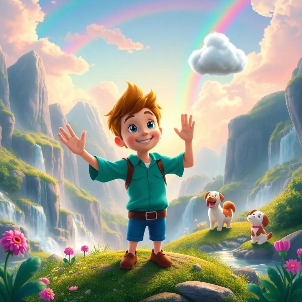 Jack waving goodbye to his new friends at the party, the little cloud floating nearby, surrounded by beautiful landscapes with waterfalls and rainbows, heartwarming scene, vibrant colors, joyful feel, high quality