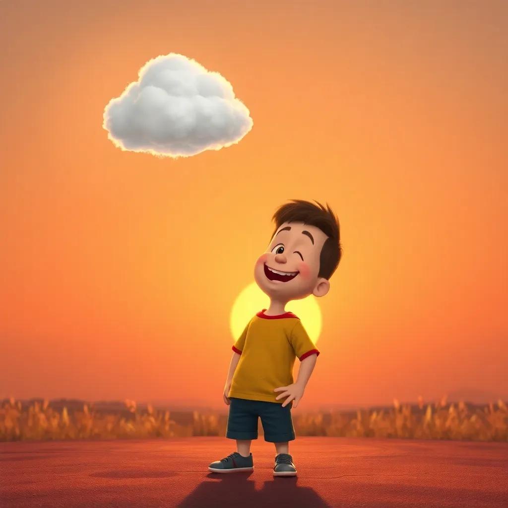 Jack, a young boy, standing on ground as the tiny cloud floats down towards him, a big smile on his face, with the sun setting in the background, feeling happy and excited, golden hour light, warm colors, inviting atmosphere, high quality