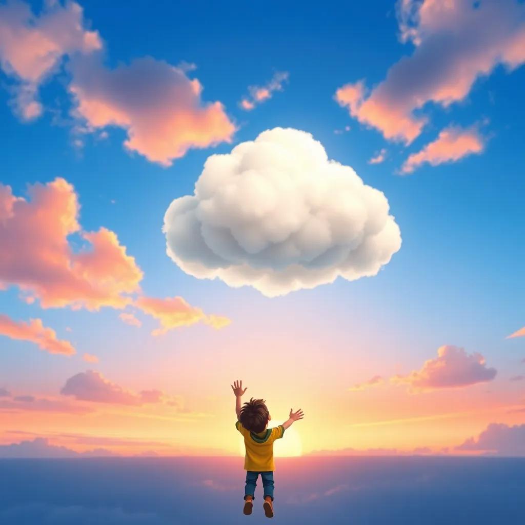 The little cloud floating away into the blue sky, with Jack waving goodbye from below, colorful sunset background, joyful and dreamy scene, beautiful colors, uplifting feel, high quality