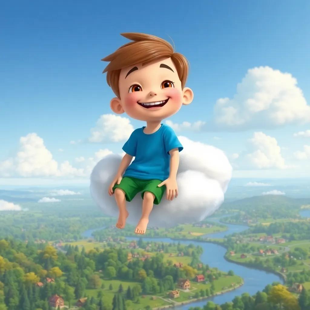 Jack, a cheerful boy with short brown hair in a blue t-shirt and green shorts, sitting on a fluffy white cloud, floating high above a landscape of trees, rivers, and houses, digital art, whimsical, colorful