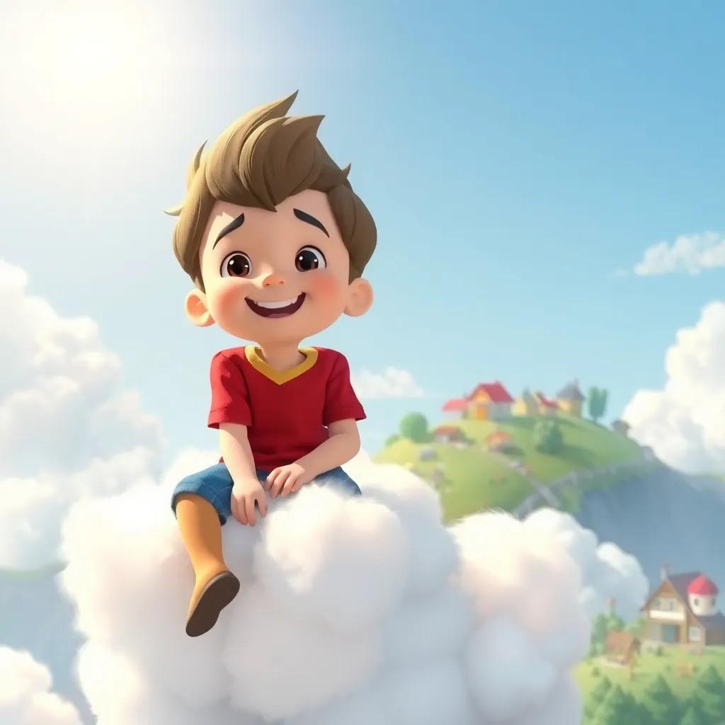 Jack, the cheerful boy, sitting on a fluffy cloud, looking at small houses and people far below, feeling joy and wonder, bright sunny day, playful mood, colorful imagery