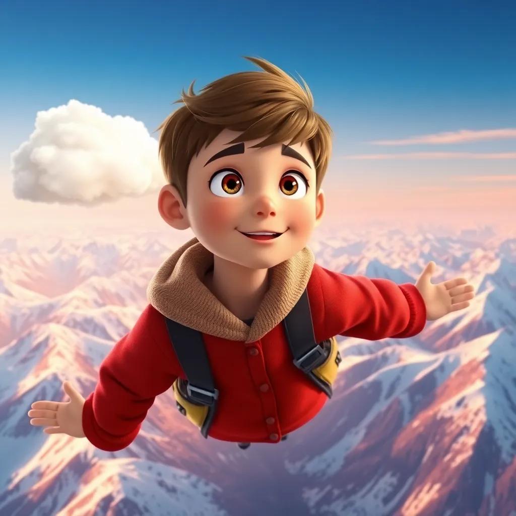 Jack, the boy with short brown hair, flying above snow-covered mountains with a fluffy cloud, looking impressed by the dazzling view, vibrant landscape, atmospheric perspective, cheerful