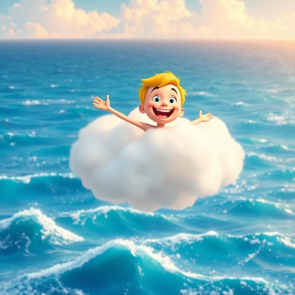 Jack, with a big smile, on a fluffy cloud flying over a sparkling ocean, waves dancing below him in bright blues, playful and magical scene, high quality