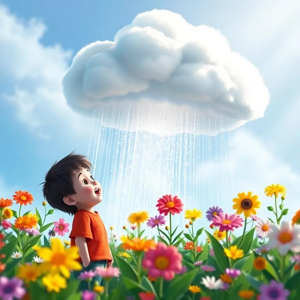 A fluffy cloud creating flowers as it rains down, Jack amazed and joyful watching colorful flowers bloom, cheerful and magical imagery, well-lit and bright