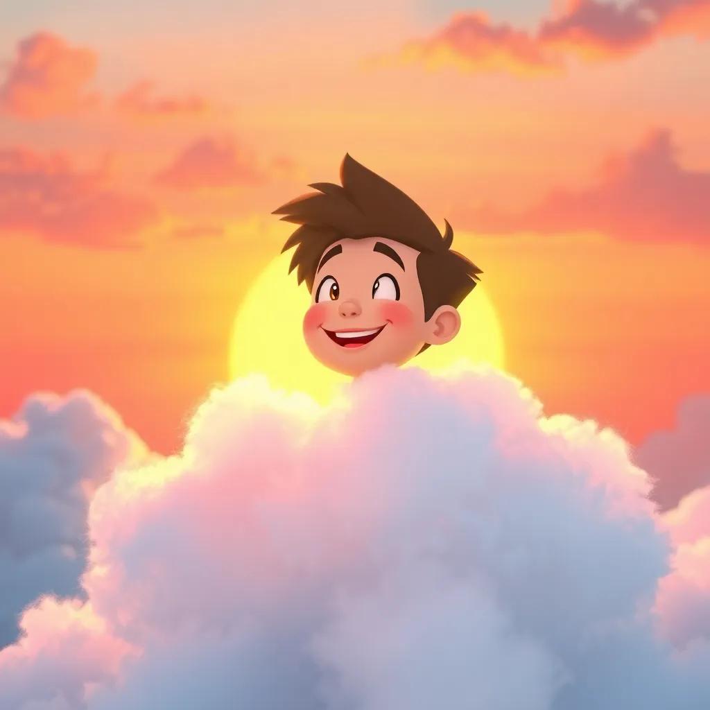 Jack smiling as the sun sets behind him, his fluffy cloud glowing like cotton candy, with shades of orange and pink in the sky, heartwarming and whimsical atmosphere, bright colors