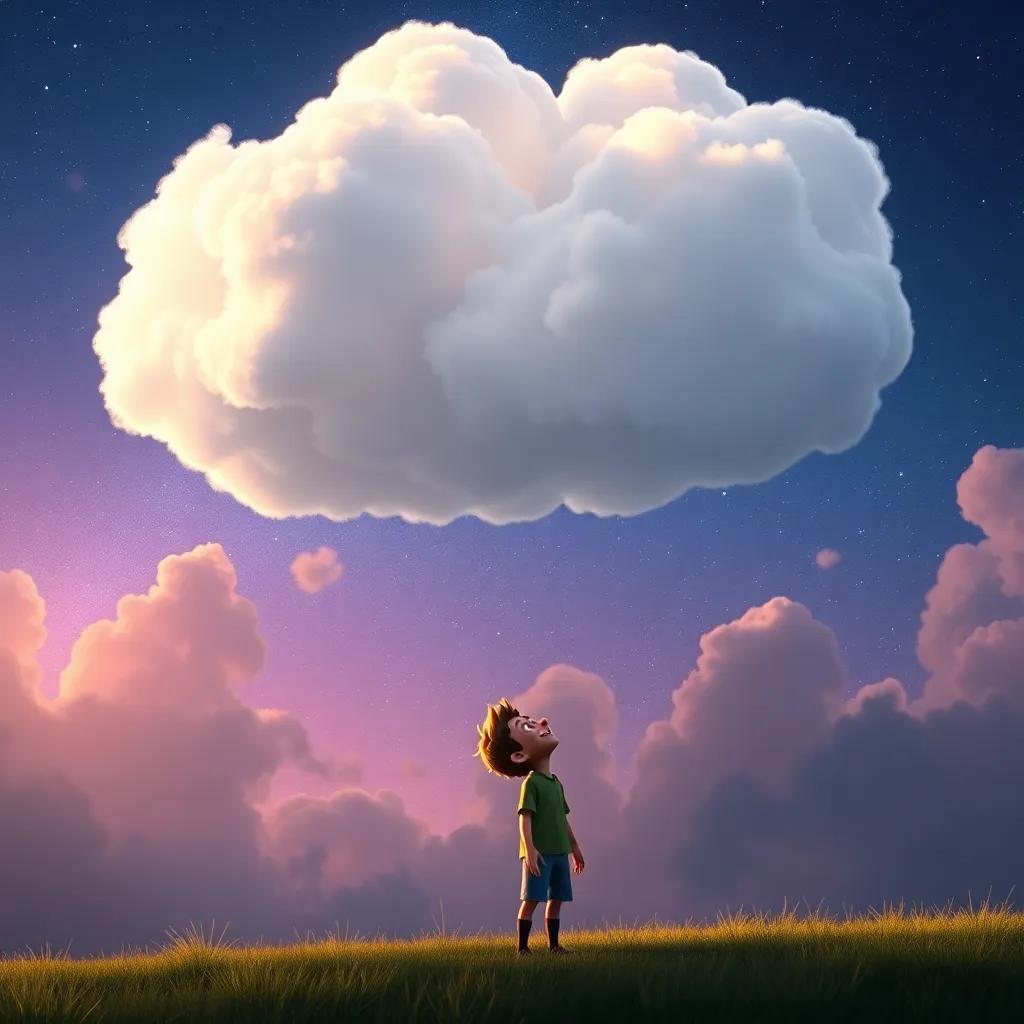 A serene scene of the floating cloud waving goodbye to Jack as he stands on the ground, looking up with a joyful smile, beautiful starry night sky, uplifting and magical