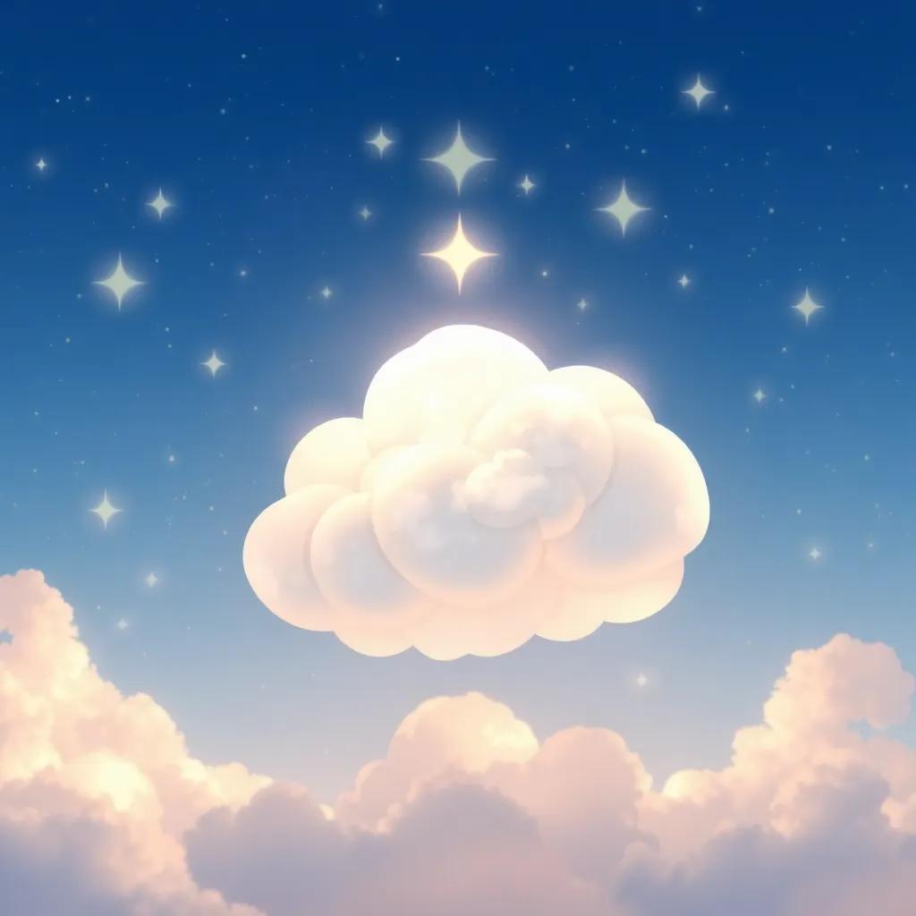 The fluffy cloud in the sky twinkling as it goes high, surrounded by shimmering stars, showcasing its promise to be back, magical vibe, cartoonish style