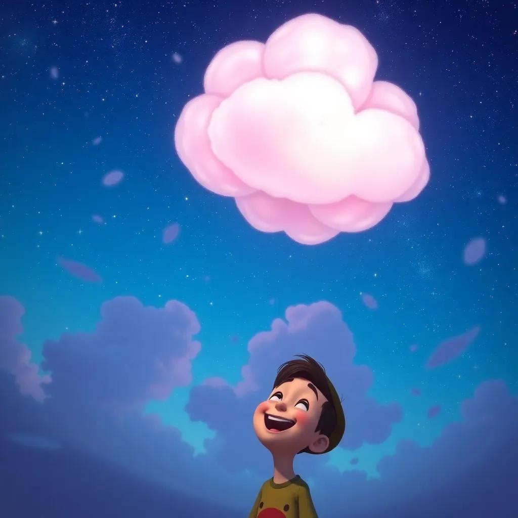 A night sky with a cotton candy-like cloud drifting among the stars, Jack smiling below, feeling happy about his adventure, dreamy and enchanting scene, vibrant and colorful