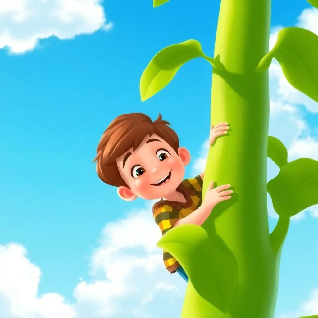Jack, a young boy with short brown hair, climbing a tall, green beanstalk reaching into bright blue sky with fluffy clouds, feeling brave and adventurous, illustration, cheerful, vibrant colors, child-friendly