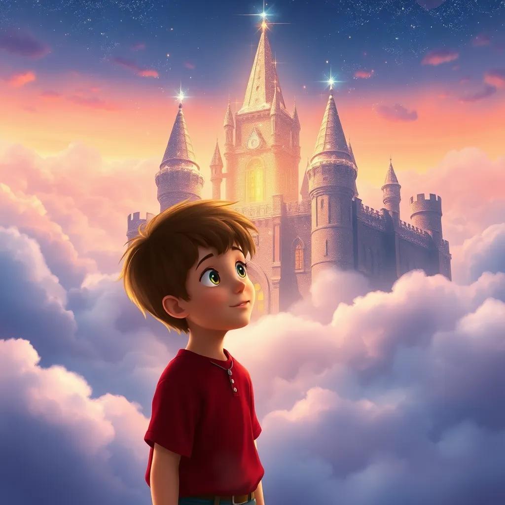 Jack, a young boy with short brown hair, standing in front of a big castle made of sparkling stones in the clouds, feeling awe and wonder, digital painting, magical, soft light, colorful