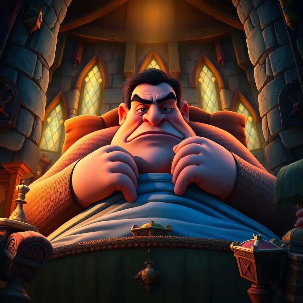 A giant, a large man with big hands and a grumpy face, sleeping on a big bed inside the castle, with treasures around him, atmosphere of mystery, colorful, child-friendly