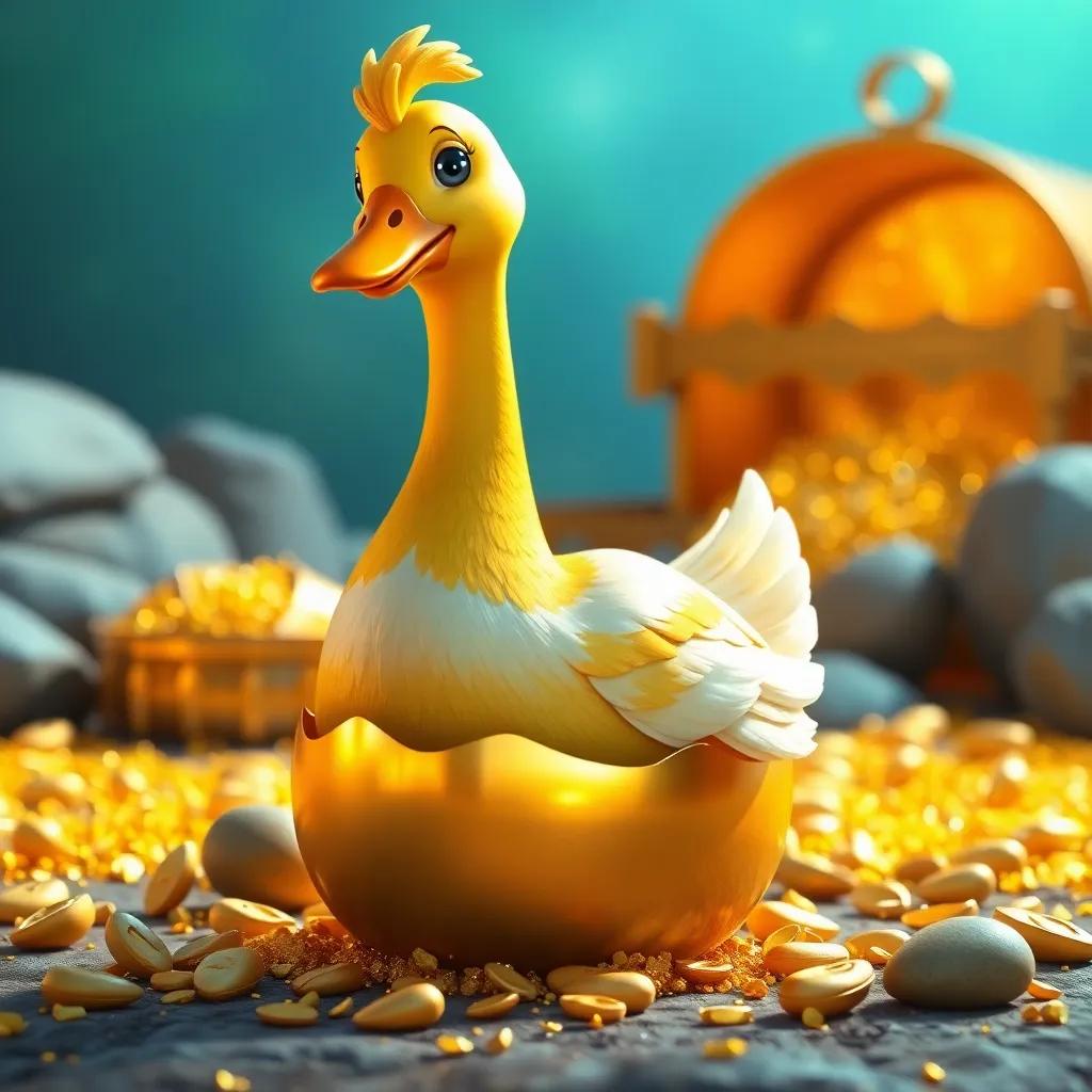 A golden goose sitting on a golden egg, with glittering treasures in the background, bright and colorful, digital art, inviting scene, high quality