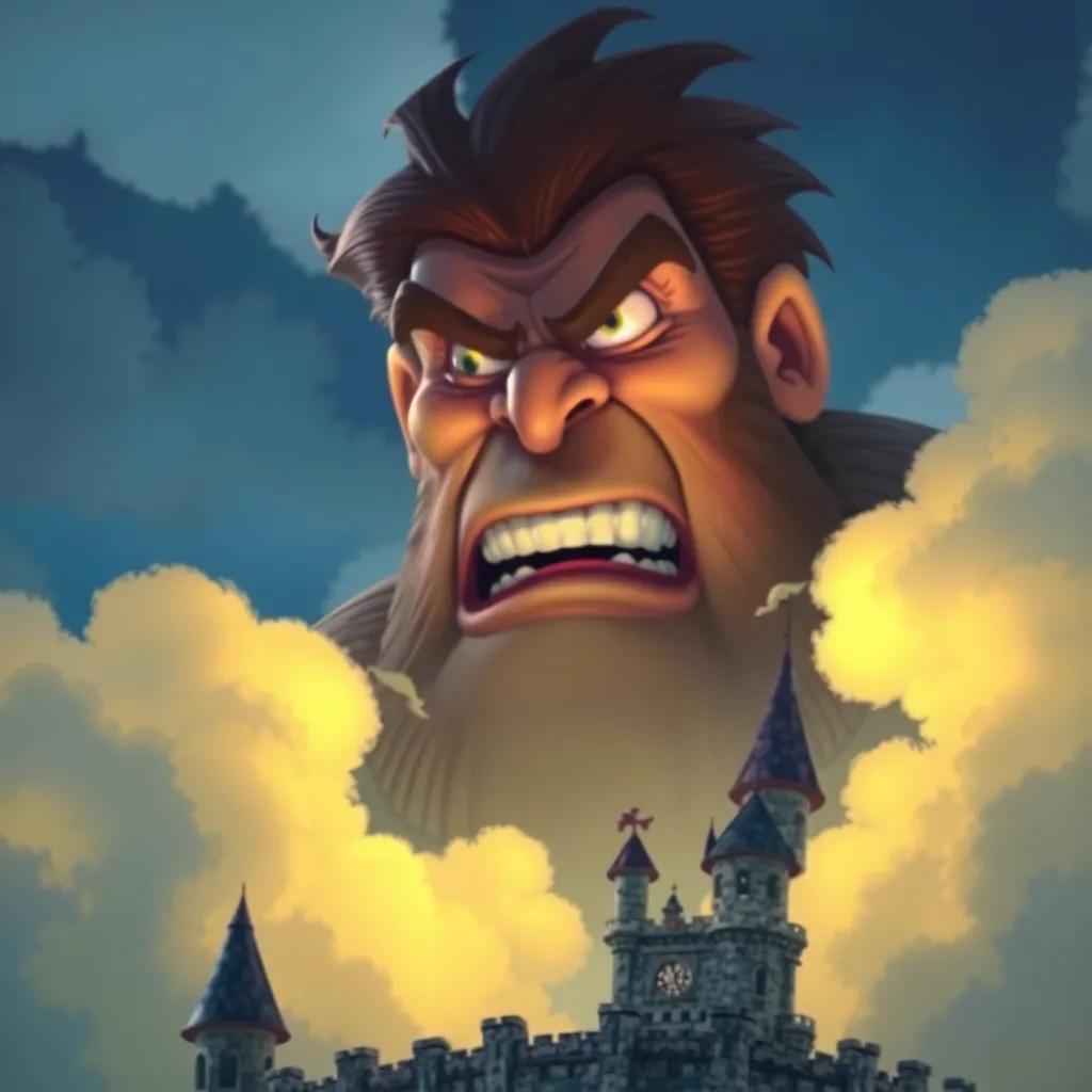 A giant, with a furious expression, looking for Jack in the castle, clouds swirling around him, colorful and whimsical, digital art, dramatic
