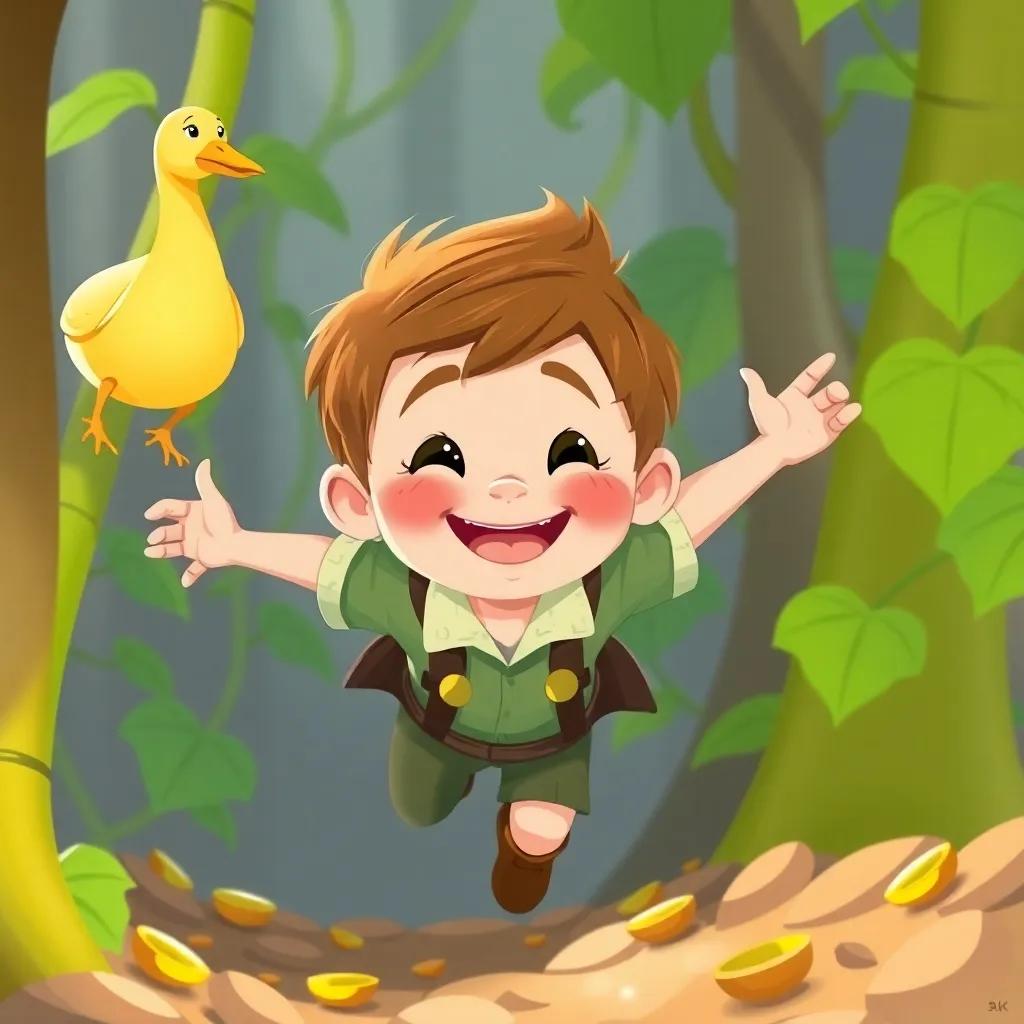 Jack, a young boy with short brown hair, running down the beanstalk with the golden goose, feeling happy and relieved, bright colors, joyful atmosphere, children’s illustration