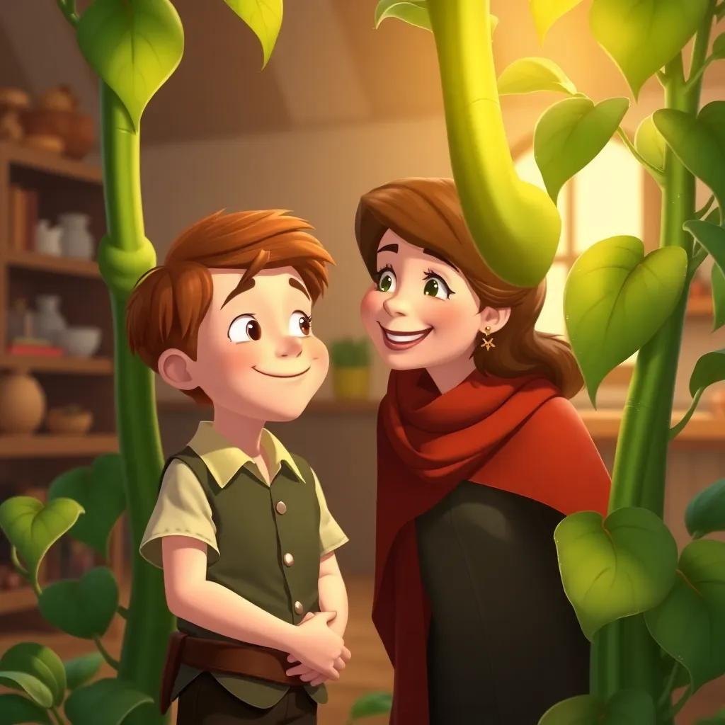 Jack, a young boy with short brown hair, at the bottom of the beanstalk with his mother, both looking happy and smiling towards each other, home background, warm and cheerful, beautiful colors