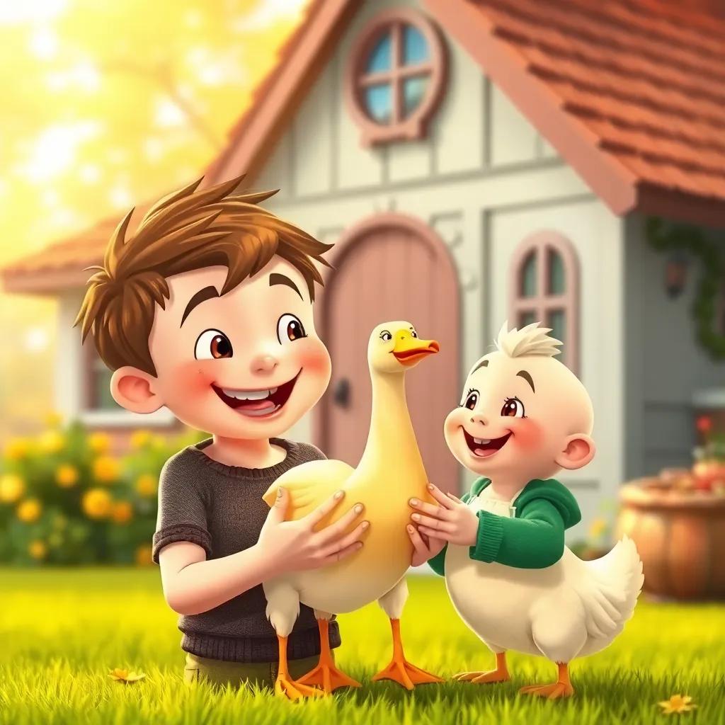 Jack and his mother, smiling and happy with the golden goose in their hands, a cozy house in the background, feeling rich and joyful, bright and cheerful scene, child-friendly