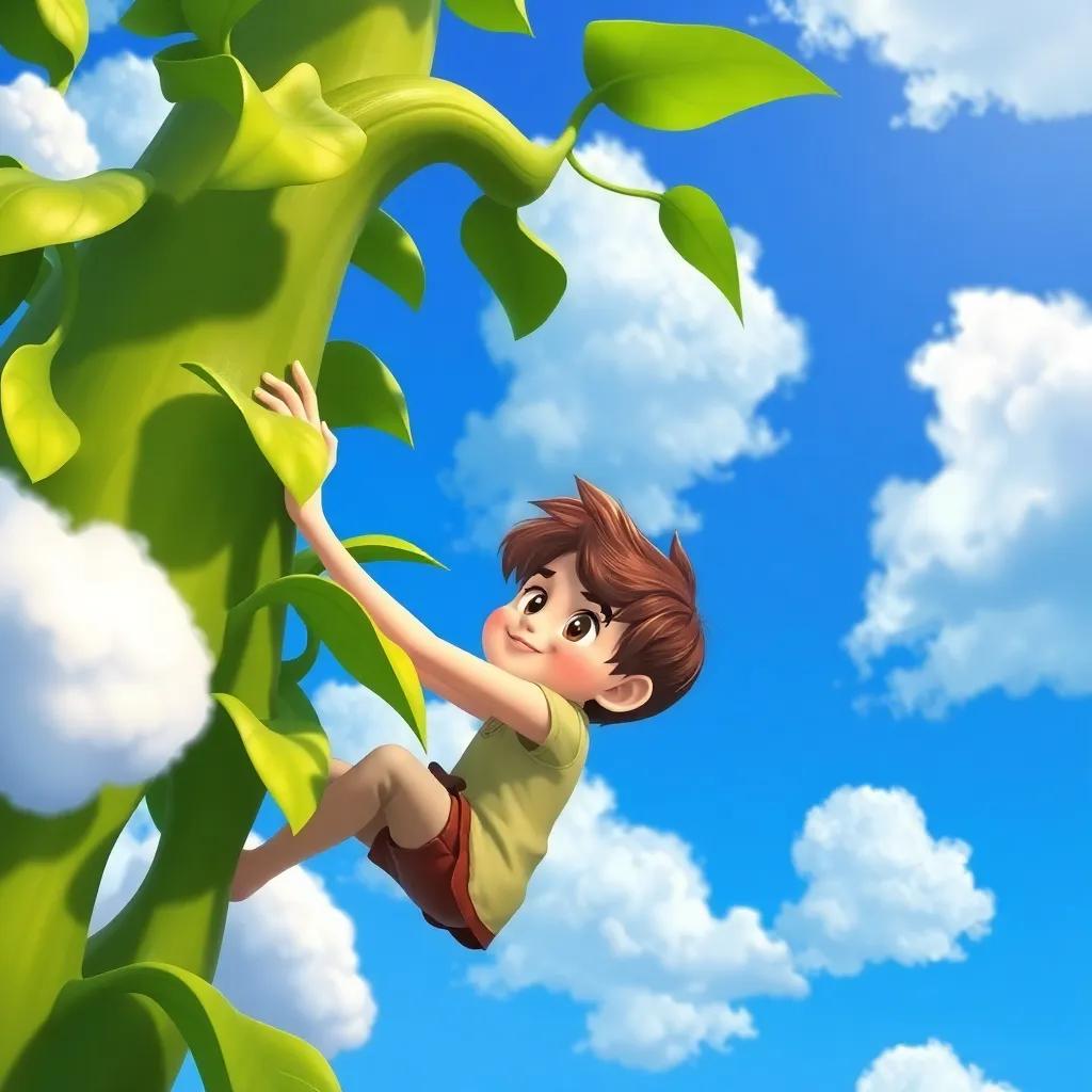 Jack, a young boy with short brown hair, climbing a lush green beanstalk, reaching high into the blue sky, surrounded by fluffy white clouds, illustration, colorful, adventurous scene, high quality