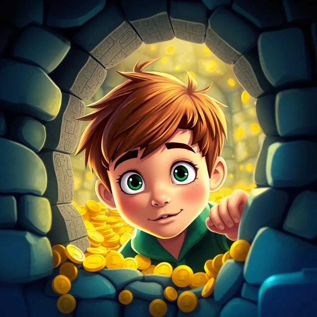 Jack, a young boy with short brown hair, peeking inside the castle, filled with sparkling treasure, coins, and jewels, his eyes wide with amazement, illustration, colorful, lively scene, high quality