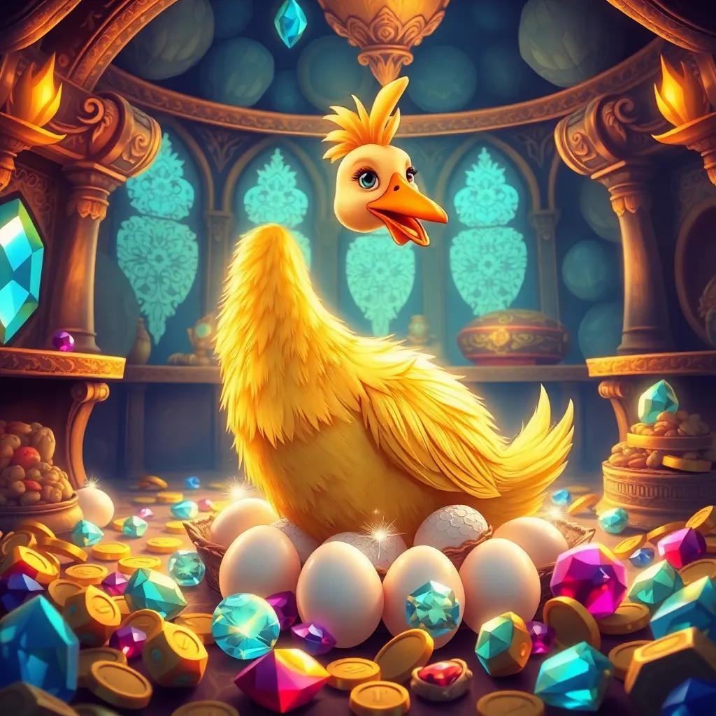 A golden goose with shiny feathers, laying sparkling eggs in a treasure-filled room, surrounded by jewels and coins, illustration, vivid colors, magical atmosphere, high quality