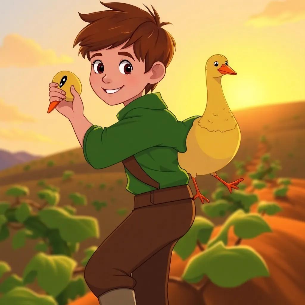 Jack, a young boy with short brown hair, holding the golden goose under his arm, climbing back down the beanstalk, the sun setting in the background, illustration, cheerful, warm colors, high quality