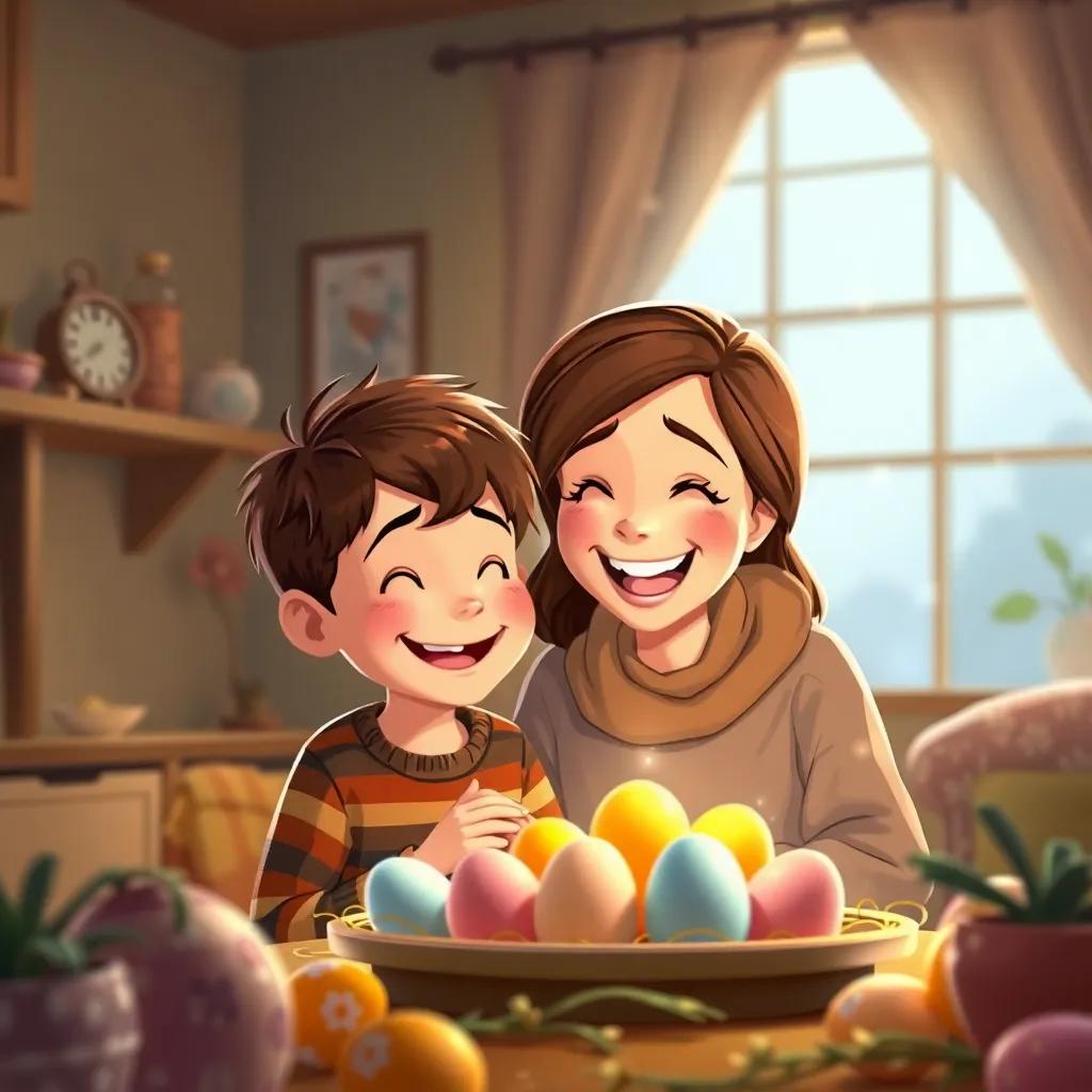 Jack, a young boy with short brown hair, celebrating with his mom in their cozy home, filled with shining eggs and happiness, both smiling and laughing, illustration, vibrant colors, heartwarming scene, high quality