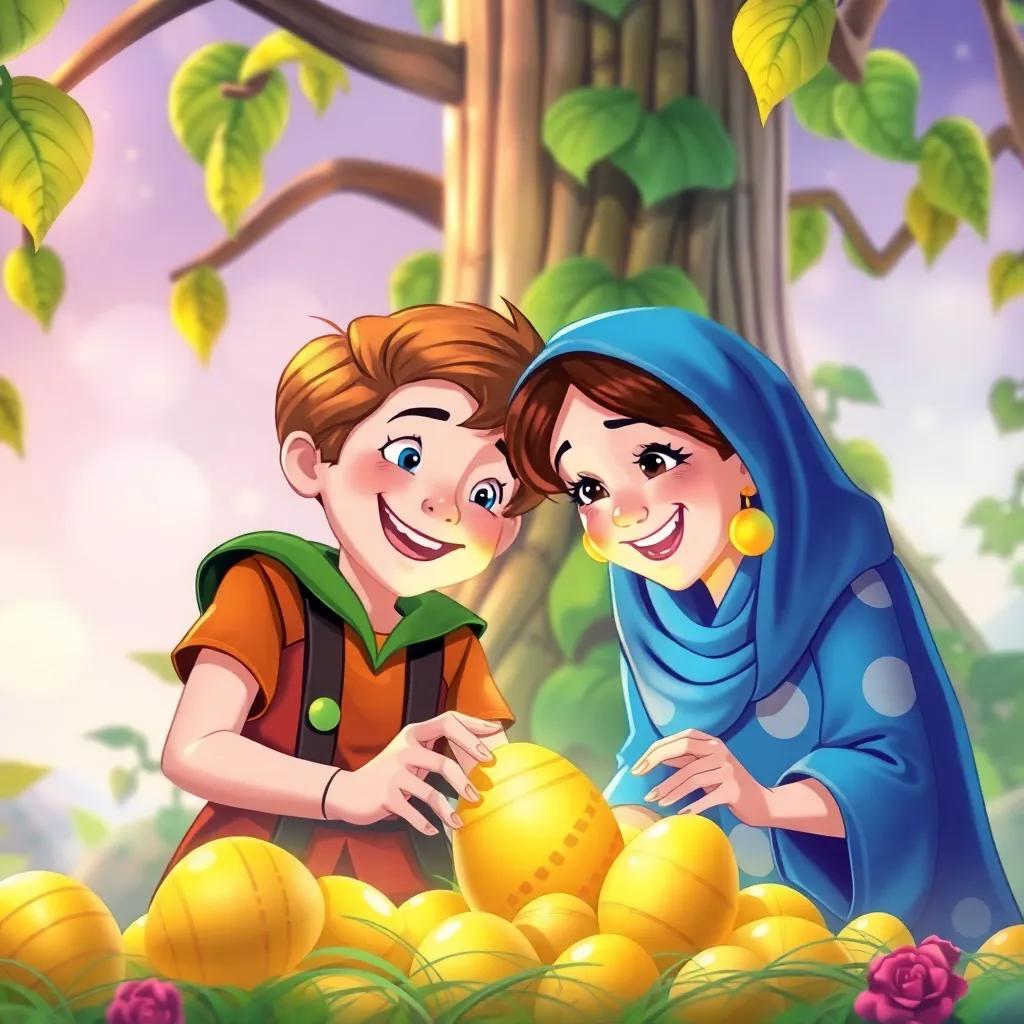 A magical scene of Jack and his mom looking at the golden eggs together, joy in their eyes, with the beanstalk in the background, illustration, colorful, delightful atmosphere, high quality