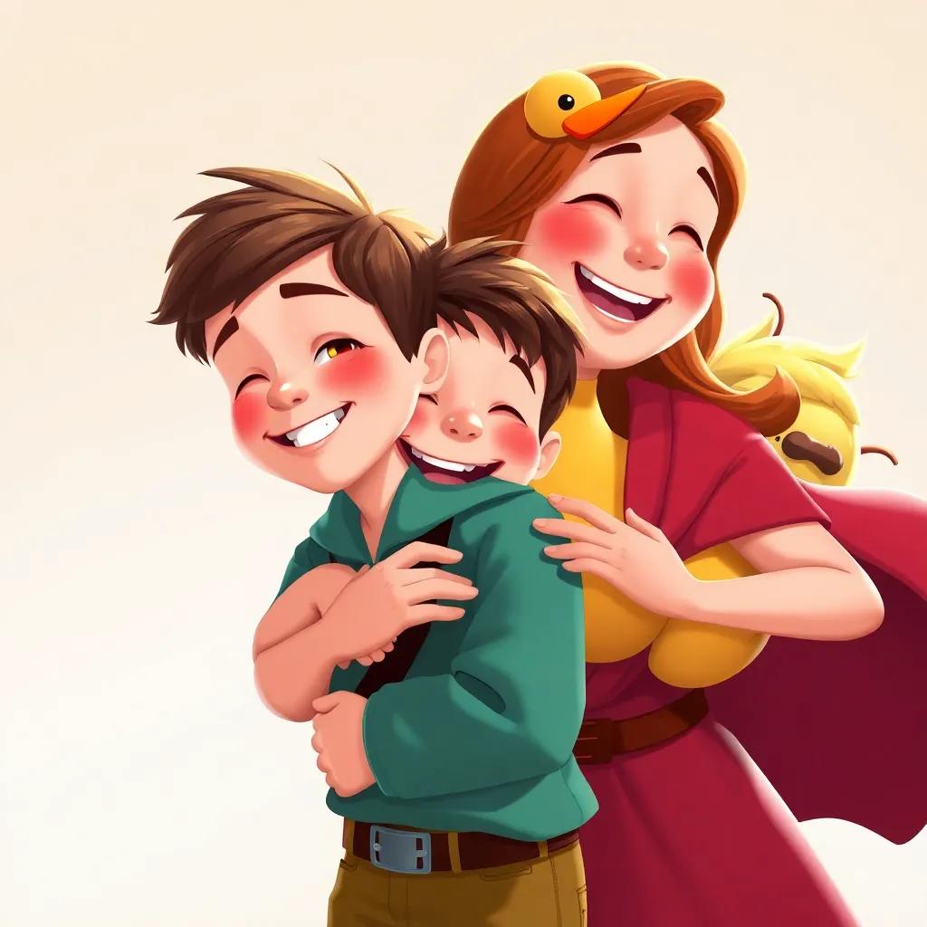 Jack, a young boy with short brown hair, with his mom in a joyful embrace, the golden goose behind them, as they celebrate their adventure together, illustration, vibrant colors, heartwarming scene, high quality