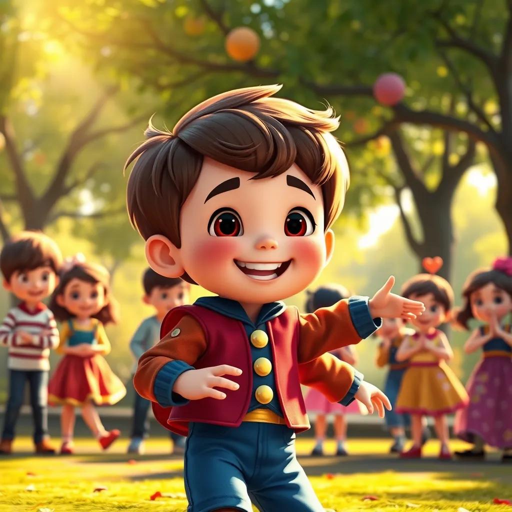 Jack, a cheerful boy with short brown hair in a colorful costume, performing a dance in front of his friends in a sunlit park, detailed illustration, bright colors, festive mood, child-friendly