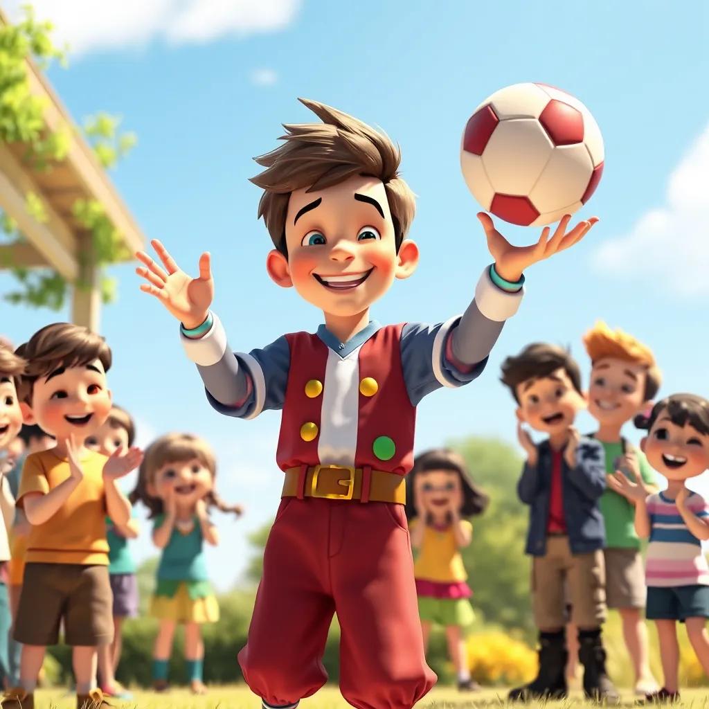 Jack, a cheerful boy with short brown hair in a colorful costume, juggling a ball with joy, while kids clapping and smiling around him, bright sunny day, cheerful illustration, highly detailed, uplifting scene, child-friendly