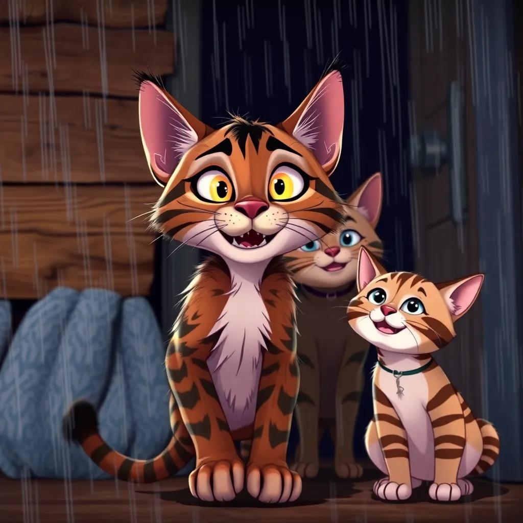 Jack, a rugged tabby cat, thin and battered, returning home through heavy rain with a twinkle in his eyes, his loving family Mia, a graceful cat with soft brown fur, and Leo, an adventurous young cat with playful stripes, waiting at the door, emotional moment, rich colors, cozy atmosphere
