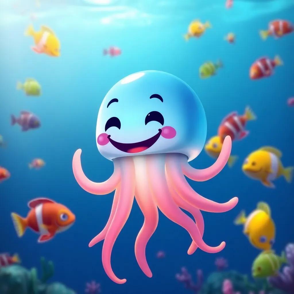 A cheerful jellyfish named Jack, with a big smile and glowing light, swimming in the deep blue ocean with colorful fish around him, bright and vibrant colors, digital art, playful scene, warm underwater light, captivating view