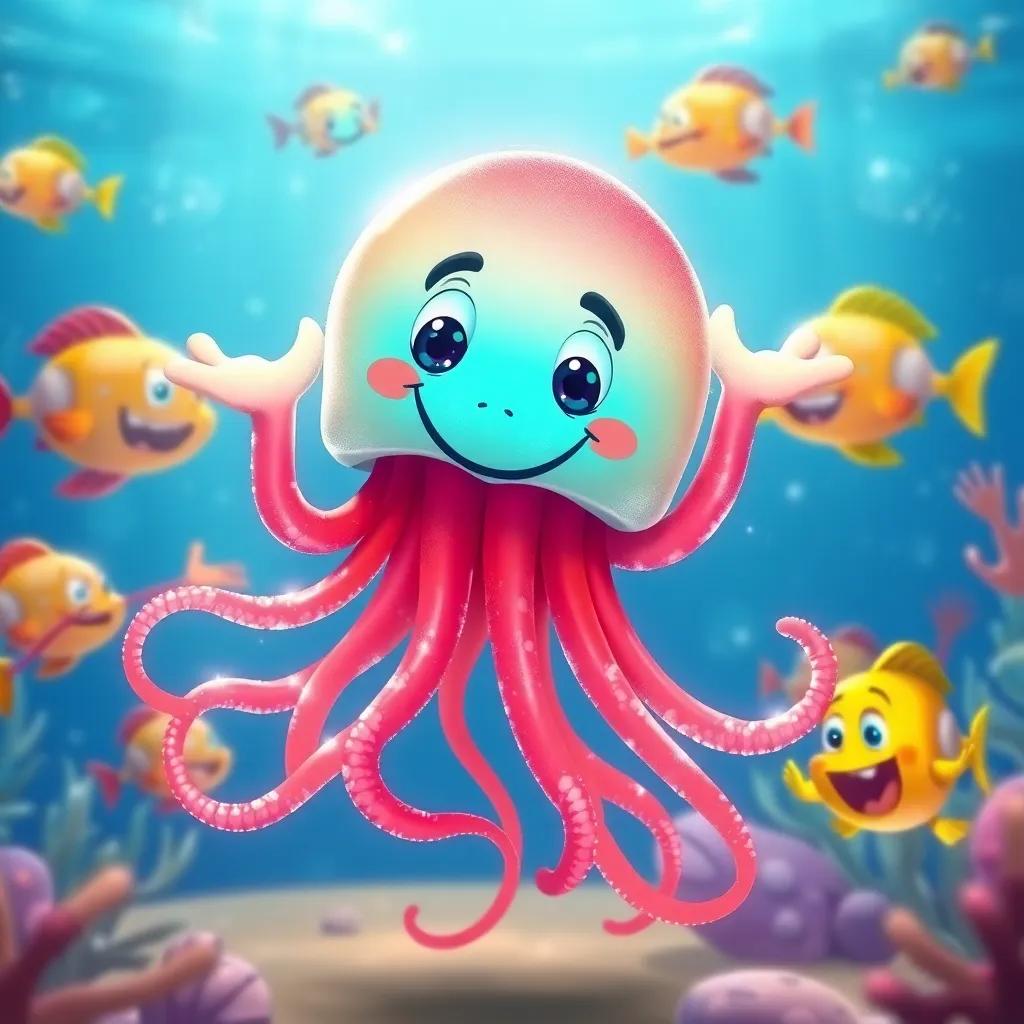 Jack the jellyfish, dancing with long, shiny tentacles swaying in the water, surrounded by cheerful colorful fish clapping and cheering him on, cheerful atmosphere, bright colors, dynamic movement, child-friendly